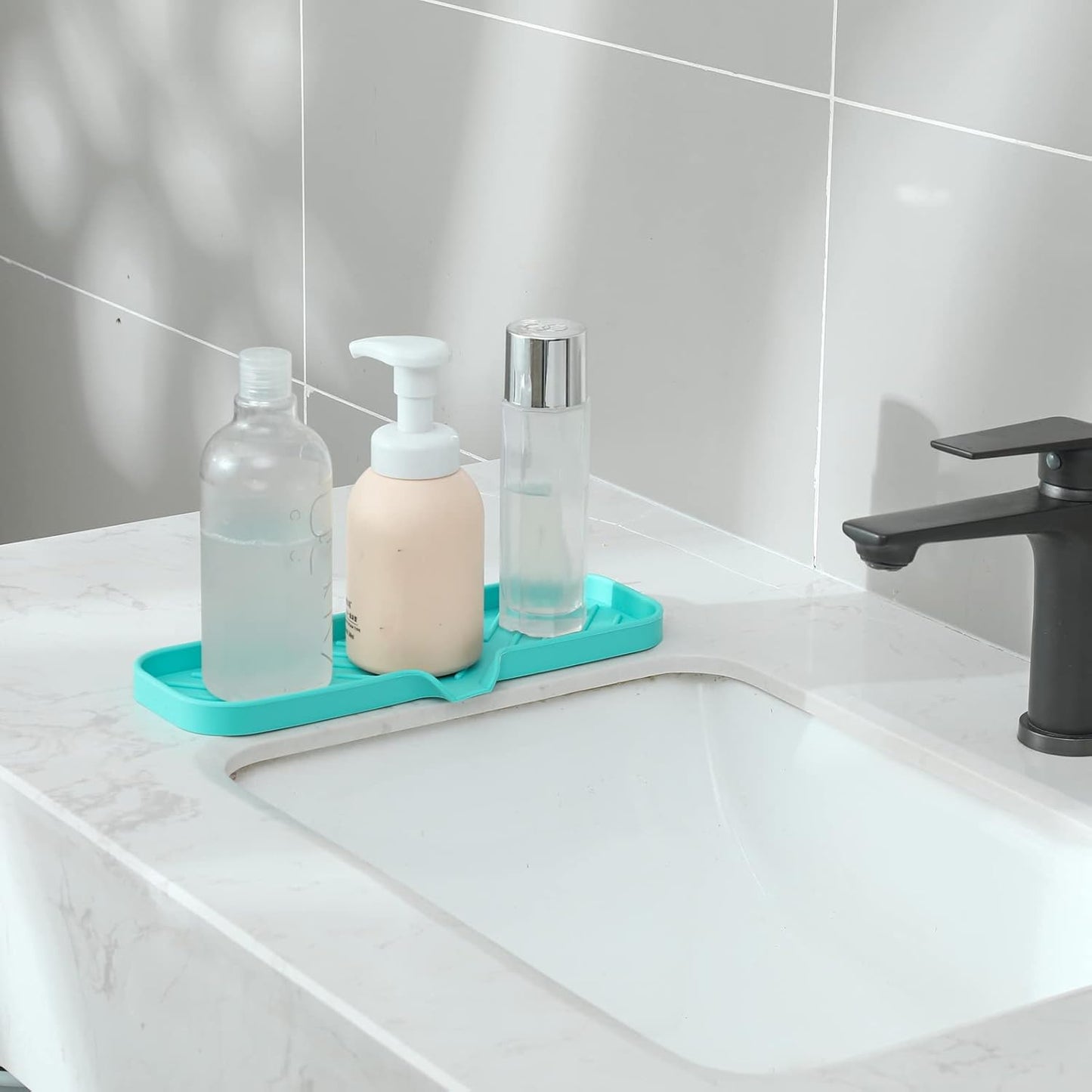 MicoYang Silicone Soap Dish with Drain Spout, Self-Draining Sink Organizer Tray for Bathroom and Kitchen, Sponges, Dispensers and Soap Holder, Non-Slip and Dishwasher Safe, Black (Compact, 4.9"×3.2")