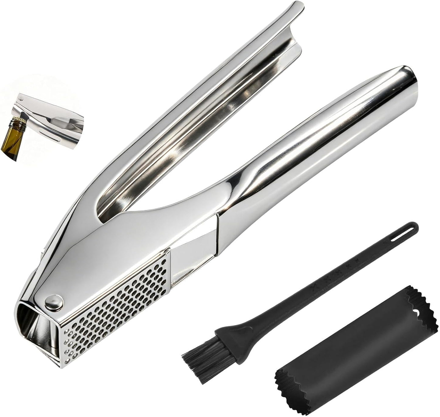 Garlic Press Stainless Steel - No Need to Peel, Garlic Mincer with Peeler Tube and Brush - Large Trough Ergonomic Handle - Rust Proof and Dishwasher Safe - Built-in Bottle Opener