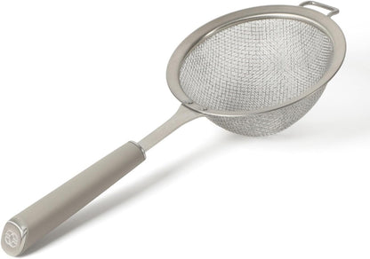Calphalon Edge Stainless Steel Strainer, Fine Mesh Kitchen Colander Strainer with Thermoplastic Rubber Handle, Sifter for Rinsing, Draining & Straining Food, Navy