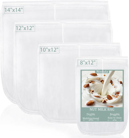 Ninsula 4PCS Nut Milk Bag, Food Grade Nylon Cheese Cloth Bag, Straining Reusable Fine Mesh Strainer for Tea, Yogurt, Juice, Cheese, Soup, Herbs, Vegetable Juice (8"x12"/14"x14"/10"x12"/12"x12")