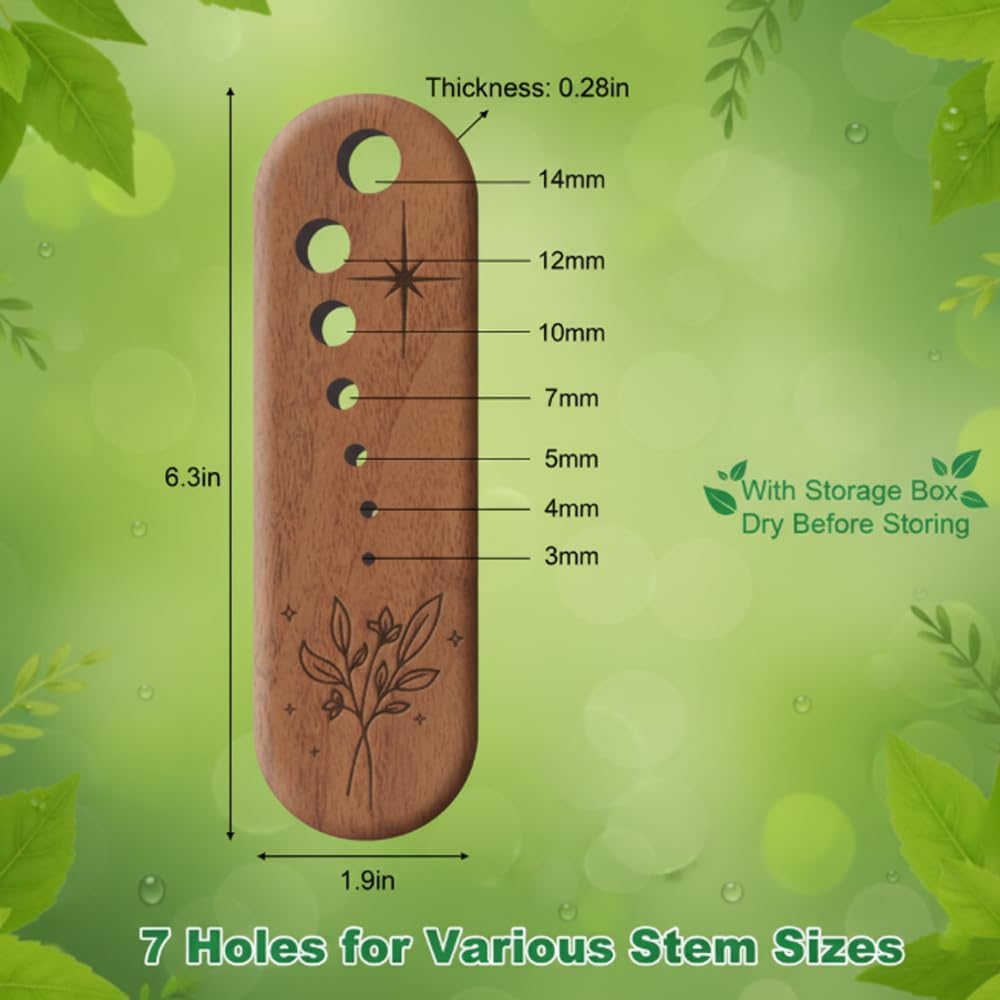 Wooden Herb Stripper Tool, Natural Wood Leaf Separator with 7 Hole Sizes, Kitchen Gadget for Herbs and Vegetables, Herb Stripper Bowl Gifts for the Kitchen Suitable for Home Use & Chefs