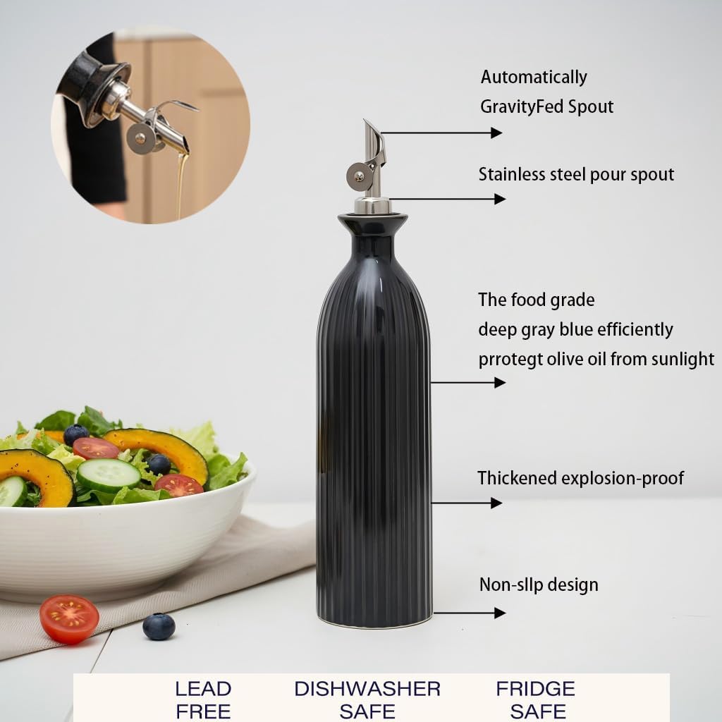 17 oz Ceramic Olive Oil Bottle Dispenser for kitchen with Stainless Automatic Spout, Stoneware 500ml Oil, Vinegar, Soy Sauce, Coffee Syrup, and Liquids container - Deep Gray-Blue