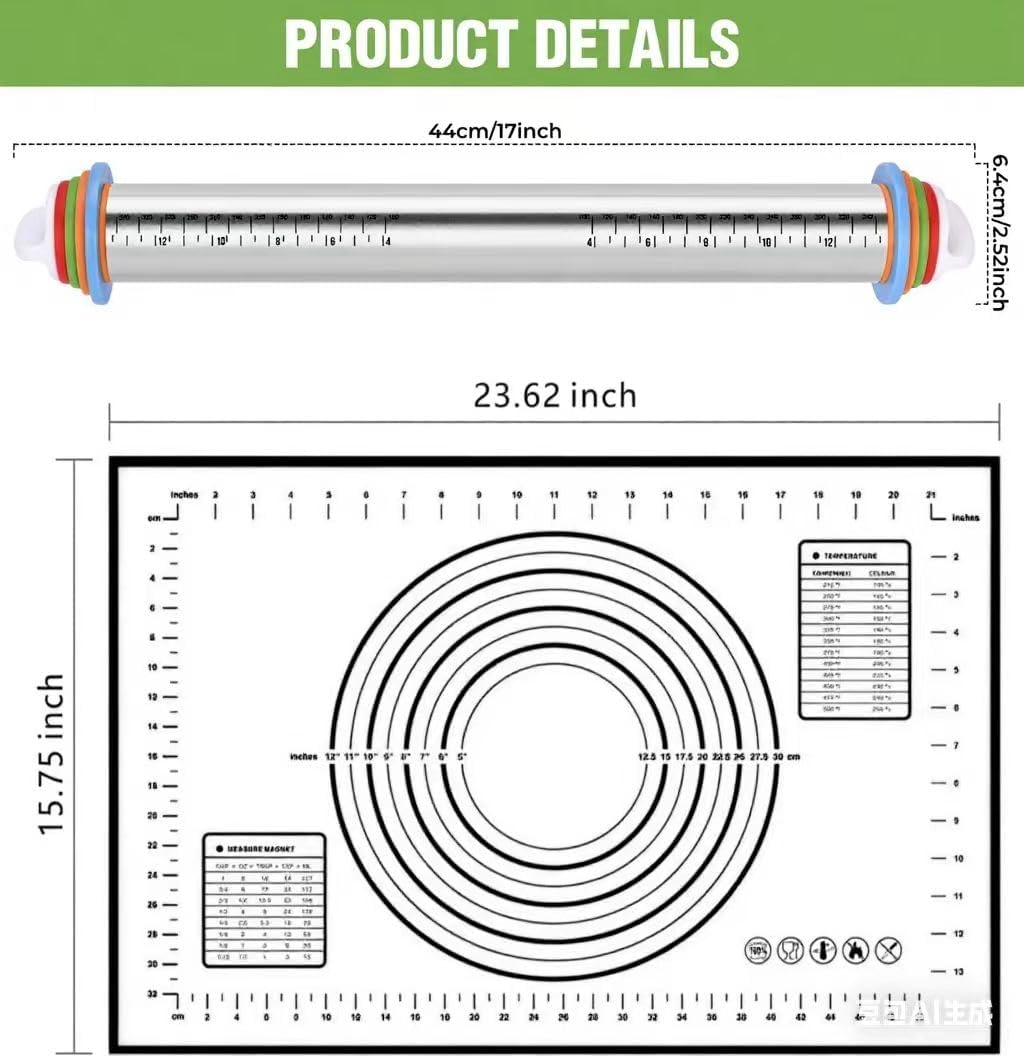 Rolling Pin with Adjustable Thickness Rings and Silicone Baking Pastry Mat Set for Baking,Stainless Steel Dough Roller,Baking Supplies for Cookie Fondant Pizza Cake Pasta(Red)
