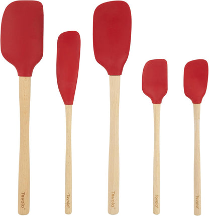 Tovolo Silicone Spatula with Wooden Handle Set of 5 Piece Silicone Kitchen Utensil Set Spoonula Jar Scraper Mini Spatula and Spoonula for Cooking Baking Mixing Folding Deep Indigo