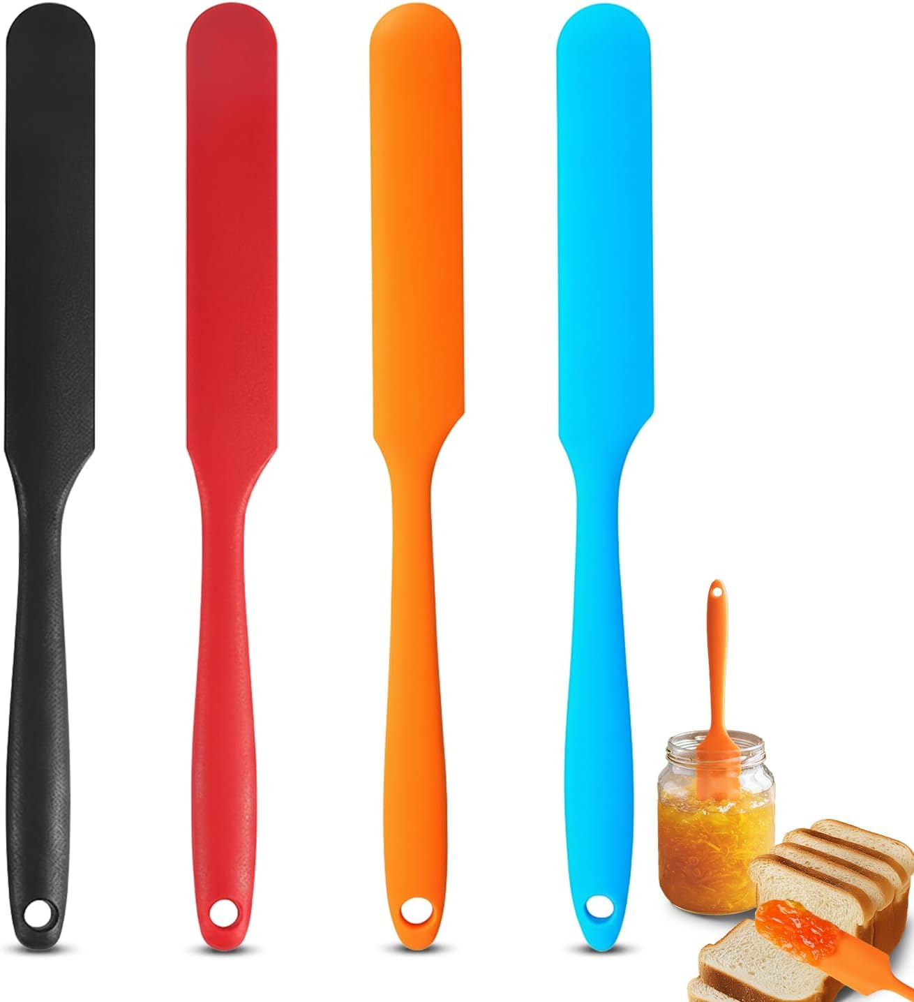 6 Pcs Silicone Jar Spatula Set, Long Handle Heat Resistant Skinny Spatulas for Jars & Bottles, Non-Stick Flexible Scrapers for Baking, Mixing, Jam, Cake Cream & Butter Spreading(6 colors）