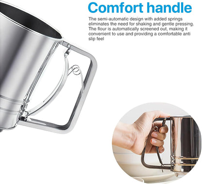 Flour Sifter for Baking, 304 Stainless Steel 5 Cup Flour Sieve Fine Mesh Screen Powder Sifters with Loop Agitator for Quick Sifting, Hand Crank Sifter for Cooking Baking Kitchen Sugar Utensil DIY