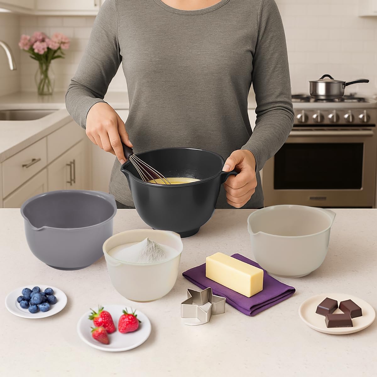 Glad Mixing Bowls with Pour Spout, Set of 4 - Nesting Plastic Bowls (1.2qt, 1.9qt, 2.8qt, and 3qt with Handle) - Non Slip Base, Dishwasher Safe Kitchen Cooking and Baking Supplies, Grey