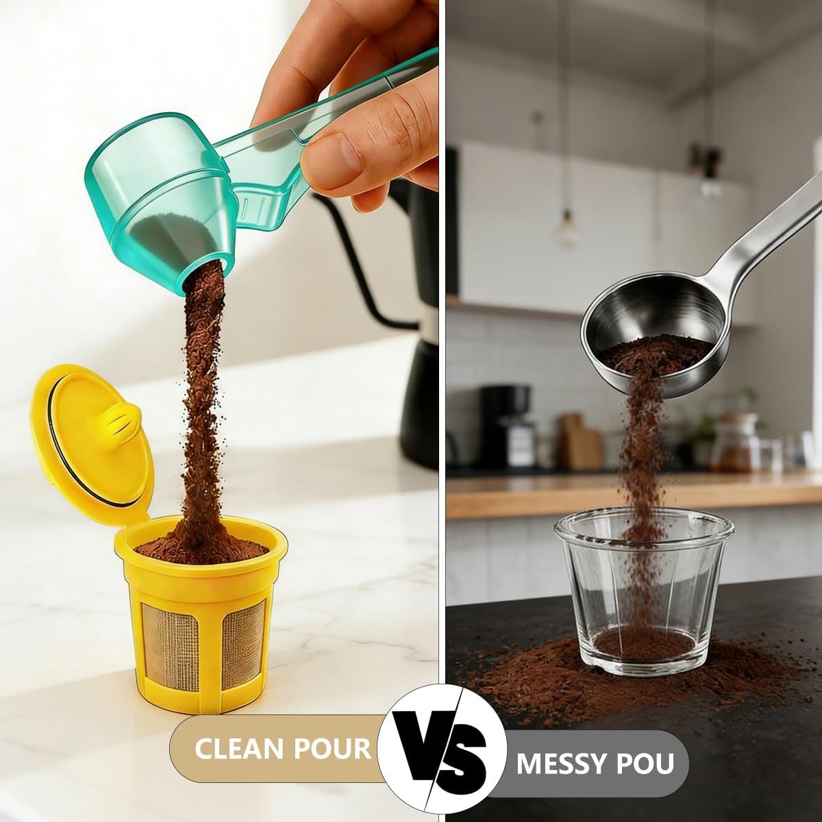 Credon Coffee Scoop with Funnel for Ground Coffee & Protein Powder – Coffee Bean Measuring Spoon, 2 Tablespoon Slide Scoop for Reusable K-Cup, Precision Spill-Proof (Black)
