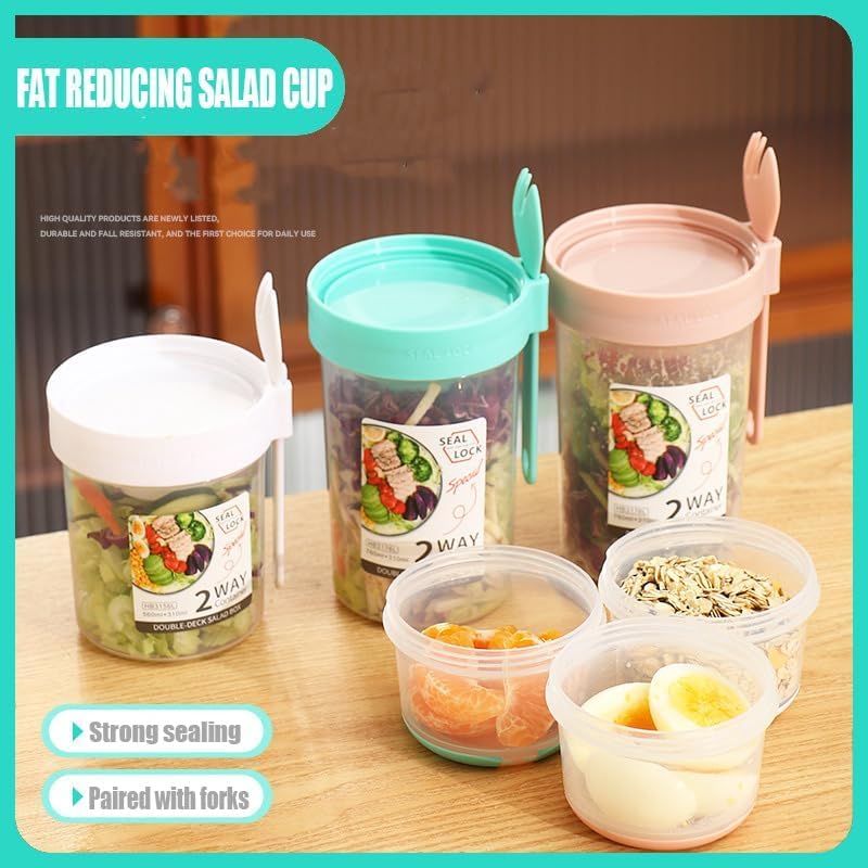 2 Pcs Salad Shaker Cup with Lids and Fork Fresh Salad Shaker Container for Lunch, Portable Breakfast Meal Vegetable and Fruits