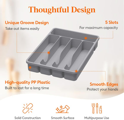 Lifewit Silverware Drawer Organizer Tray, Plastic Cutlery Storage for Kitchen, Flatware and Utensil Holder Divider for Spoons Forks Knives Tableware, 9.1 x 12.6", 5 Slots, Black