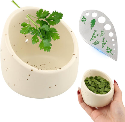 Herb Stripper Bowl, Ceramic Herb Peeling Bowl, Kitchen Herbs Leaf Stripping Tool, Pottery Herbs Peeler with 9-Hole Stainless Steel Peeler for Kale,Thyme,Basil,Rosemary Stripper