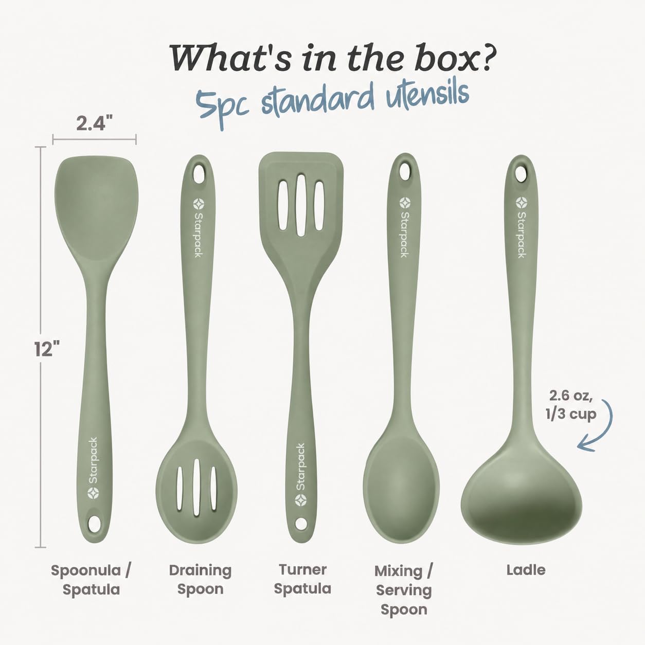Starpack Stir and Serve Silicone Cooking Utensils Set (5-Piece, 11") - LFGB Non Toxic, 600°F Heat Resistant, BPA-Free - One-Piece Seamless, Dishwasher Safe - for Nonstick Cookware, Earthy Pink