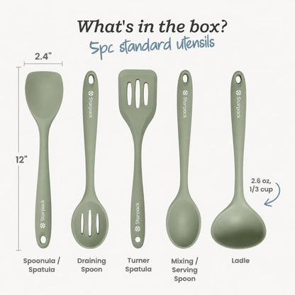 Starpack Stir and Serve Silicone Cooking Utensils Set (5-Piece, 11") - LFGB Non Toxic, 600°F Heat Resistant, BPA-Free - One-Piece Seamless, Dishwasher Safe - for Nonstick Cookware, Earthy Pink