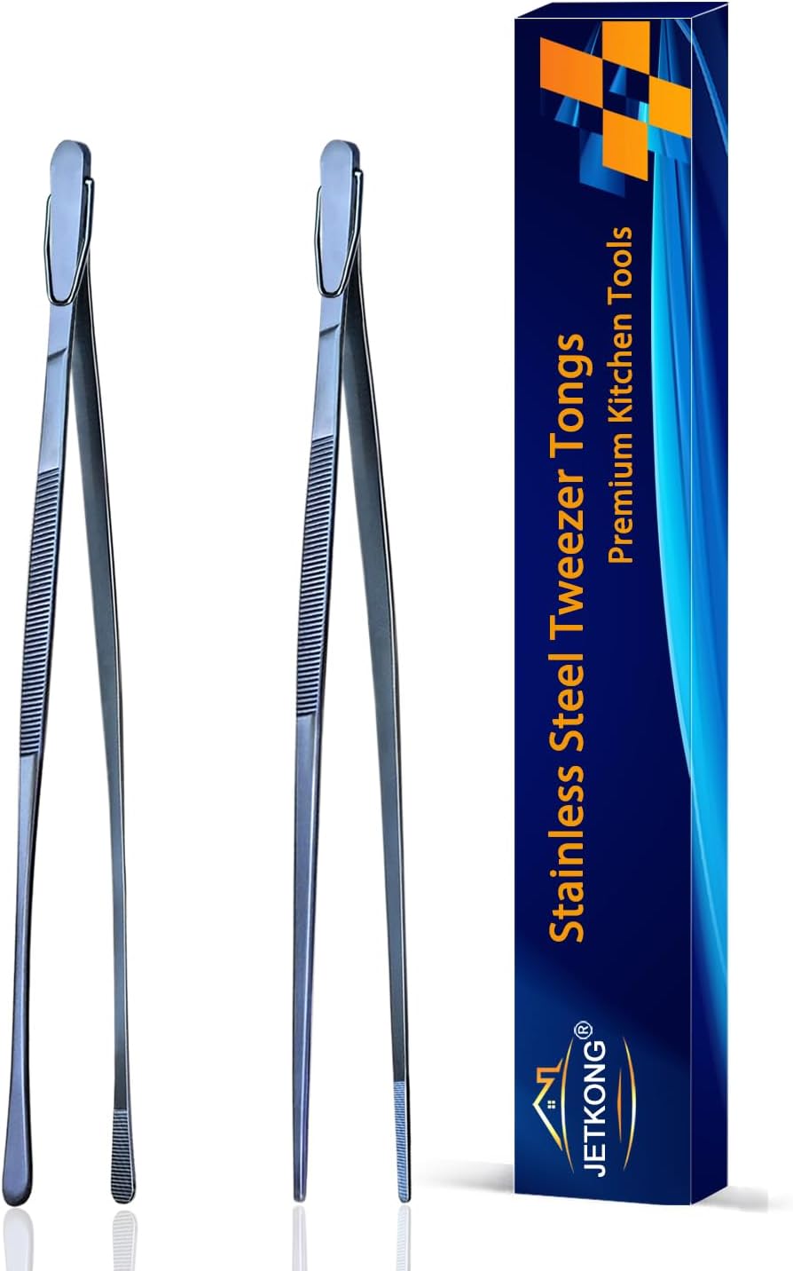 JETKONG 2 Pcs 12-Inch Kitchen Tweezers Fine Tweezer Tongs, Extra-Long Stainless Steel Cooking Tweezers (Silver)