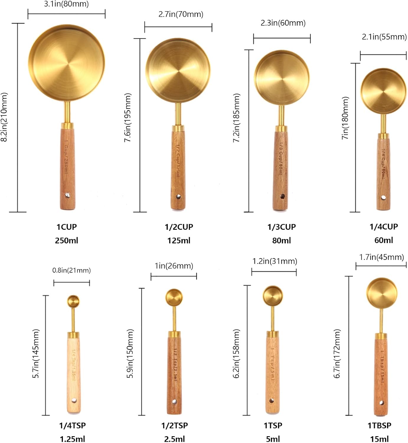 Gold Measuring Cups and Spoons Set with Fragrant Wood Handles, Premium Stainless Steel Measuring Spoons and Measuring Cups Set, For Cooking and Baking in the Kitchen (8 Piece)