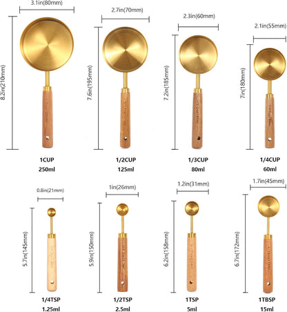 Gold Measuring Cups and Spoons Set with Fragrant Wood Handles, Premium Stainless Steel Measuring Spoons and Measuring Cups Set, For Cooking and Baking in the Kitchen (8 Piece)