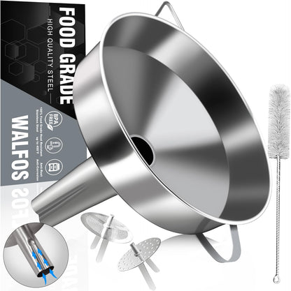 Stainless Steel Funnel, Walfos 3 Pack Kitchen Funnel with 2 Removable Strainer ＆ 1Pcs Cleaning Brush, Perfect for Transferring of Liquid, Oils, Jam, Dry Ingredients & Powder