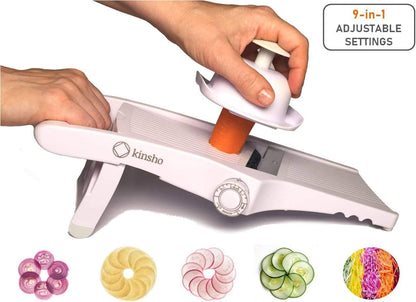 Mandolin Slicer Adjustable Mandoline | Best Hand-Held Cutter for Vegetable Potato Zucchini Food | Professional Steel Blade - Safe Finger Guard - 9-in-1 Japanese Design White