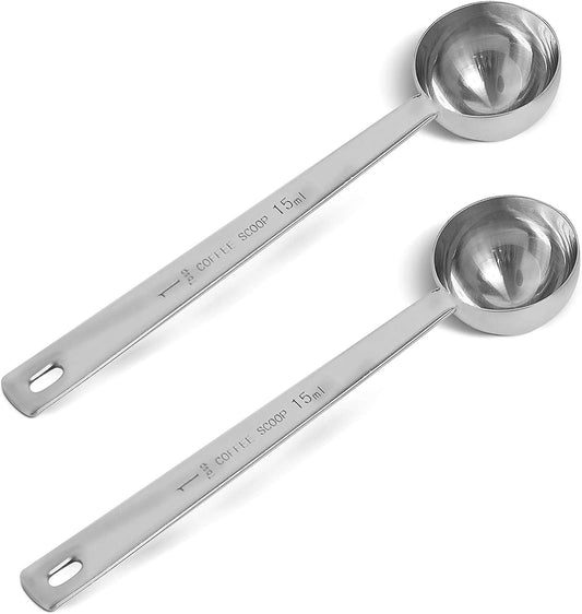 2 Pack Coffee Scoop, Tablespoon measure spoon contains 1 tablespoon (15ml) and 2 tablespoons (30ml), Stainless steel long handle coffee spoon silver