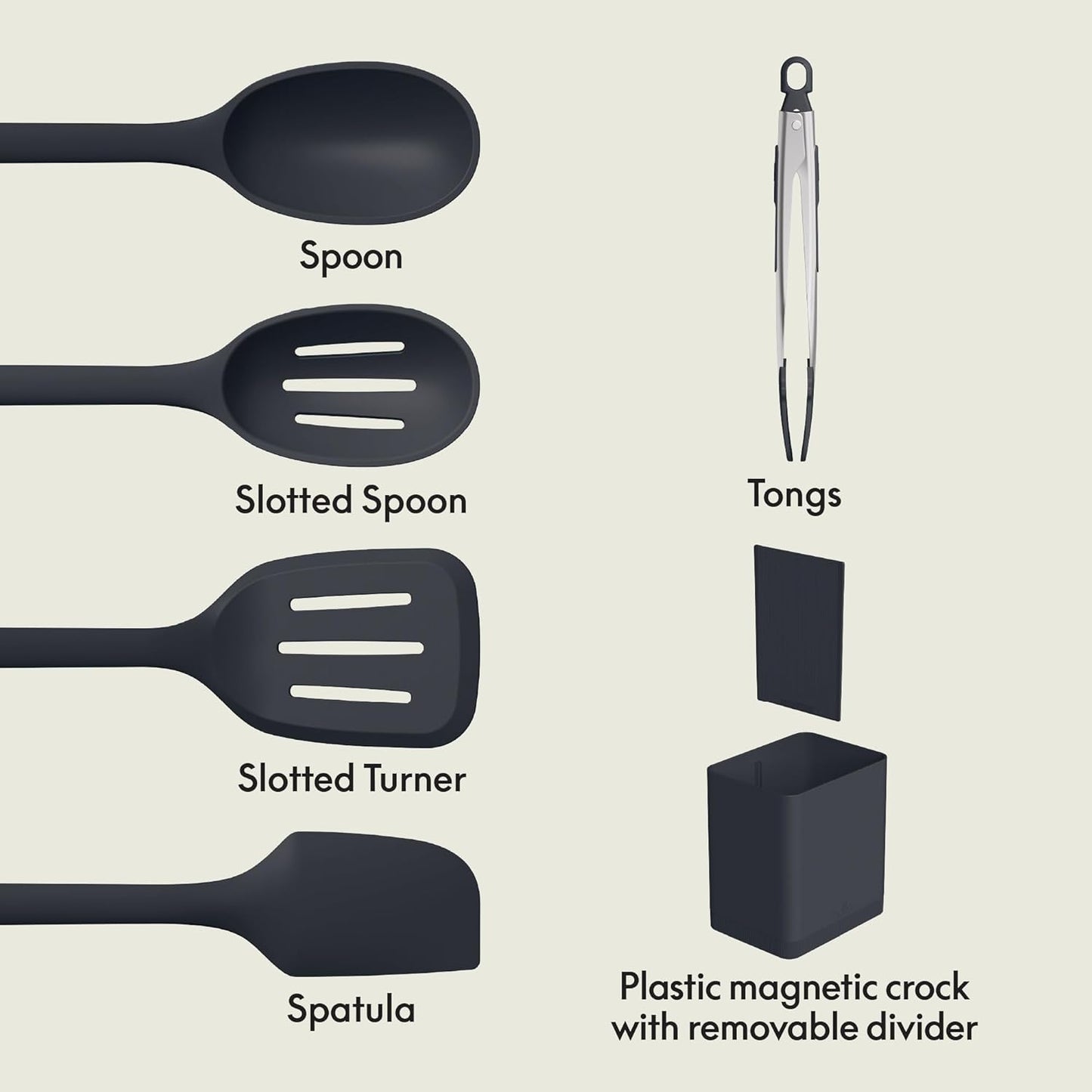 bella 6-Piece Modular Tool Set, Silicone, Turner, Spoon, Slotted Spoon, Spatula, Tongs, Crock with removable divider, Non-toxic*, Food-grade, Heat safe to 425°F, Dishwasher Safe, Slate