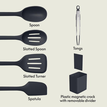 bella 6-Piece Modular Tool Set, Silicone, Turner, Spoon, Slotted Spoon, Spatula, Tongs, Crock with removable divider, Non-toxic*, Food-grade, Heat safe to 425°F, Dishwasher Safe, Slate