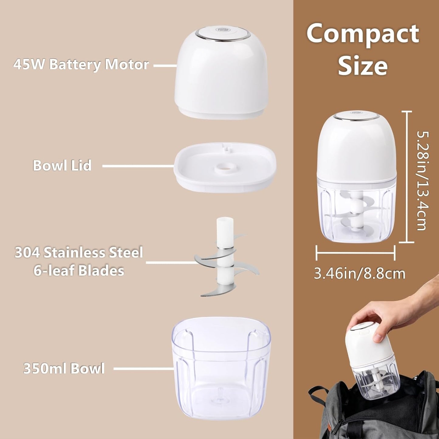 Mini Garlic Chopper, 250ml Small Food Processor Cordless 1 Cup, Battery USB-C Rechargeable Electric Food Chopper Wireless, Portable Garlic Grinder Masher,Veggie Meat Blender Mincer Kitchen Mixer,White
