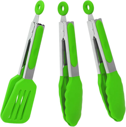 Mini Silicone Serving Tongs Set of 3, Small Kitchen Tongs (7 inch) with Silicone Tips and Stainless Steel Handle, Cooking Tongs for Salads, Pasta, Steaks, Vegetables