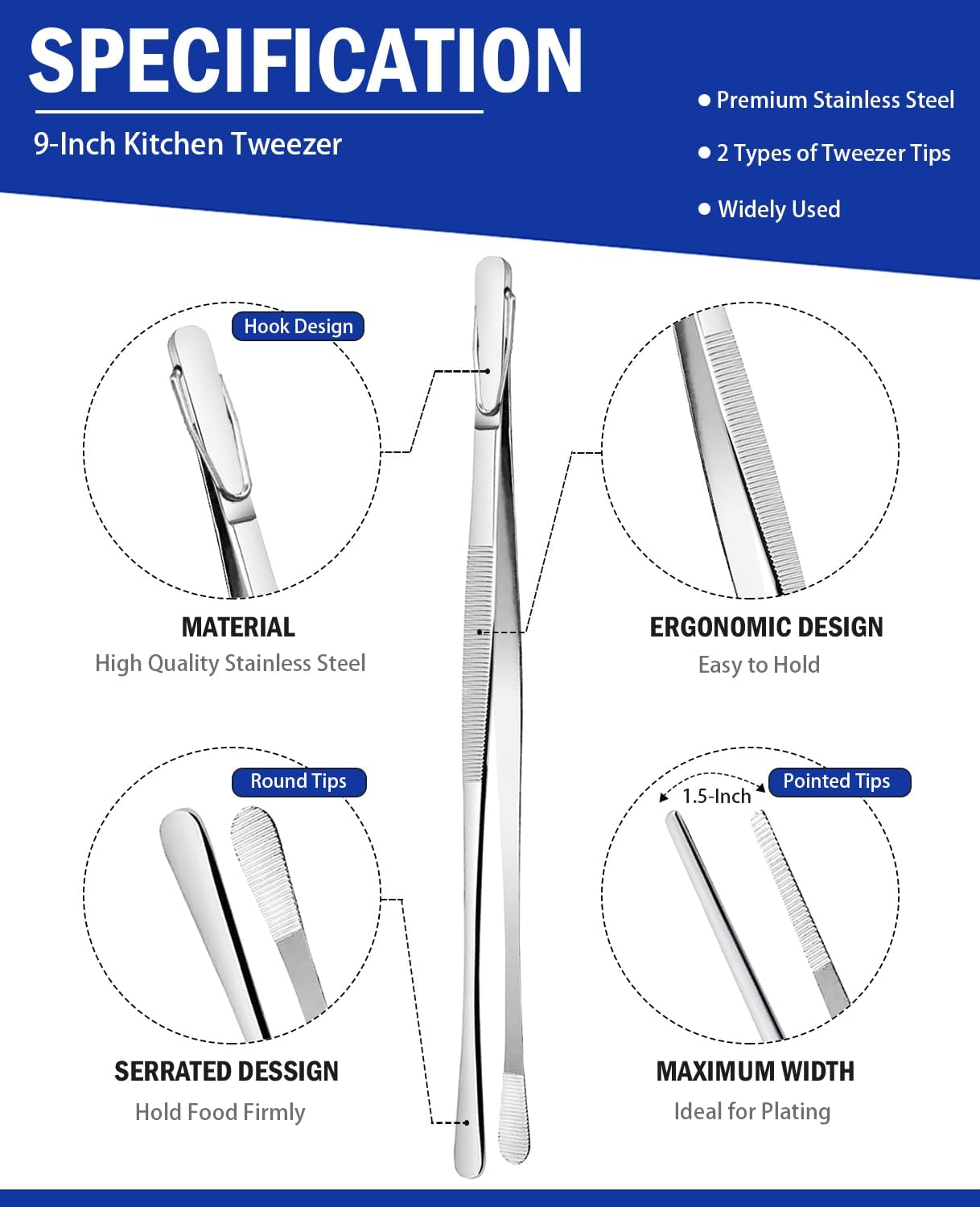 JETKONG 2 Pcs 12-Inch Kitchen Tweezers Fine Tweezer Tongs, Extra-Long Stainless Steel Cooking Tweezers (Silver)