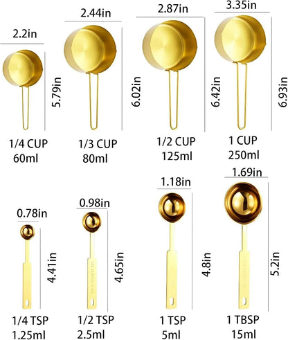 Gold Measuring Cups and Spoons Set, 8 Piece Stainless Steel Measuring Cup and Spoon Set for Baking and Cooking, Stackable Gold Kitchen Measuring Utensils for Dry and Liquid Ingredients