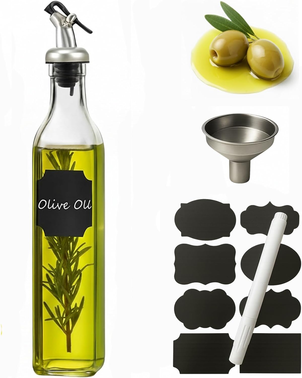 WERTIOO Olive Oil Dispenser Bottle,4Pack 17 OZ Glass Oil Dispenser for Kitchen with 4 Pourer,2 Stainless Steel Funnel & 1 Pen and 8 Label for Kitchen (500ml)