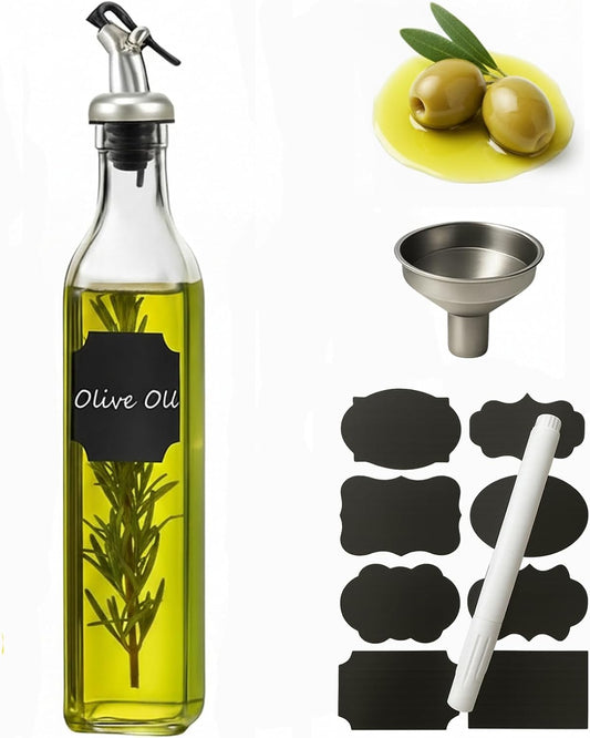 WERTIOO Olive Oil Dispenser Bottle,4Pack 17 OZ Glass Oil Dispenser for Kitchen with 4 Pourer,2 Stainless Steel Funnel & 1 Pen and 8 Label for Kitchen (500ml)