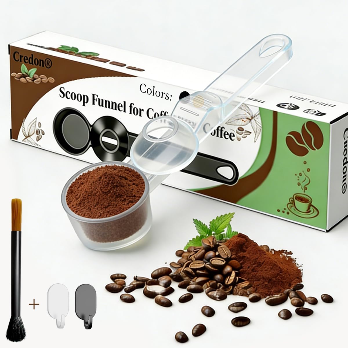 Credon Coffee Scoop with Funnel for Ground Coffee & Protein Powder – Coffee Bean Measuring Spoon, 2 Tablespoon Slide Scoop for Reusable K-Cup, Precision Spill-Proof (Black)