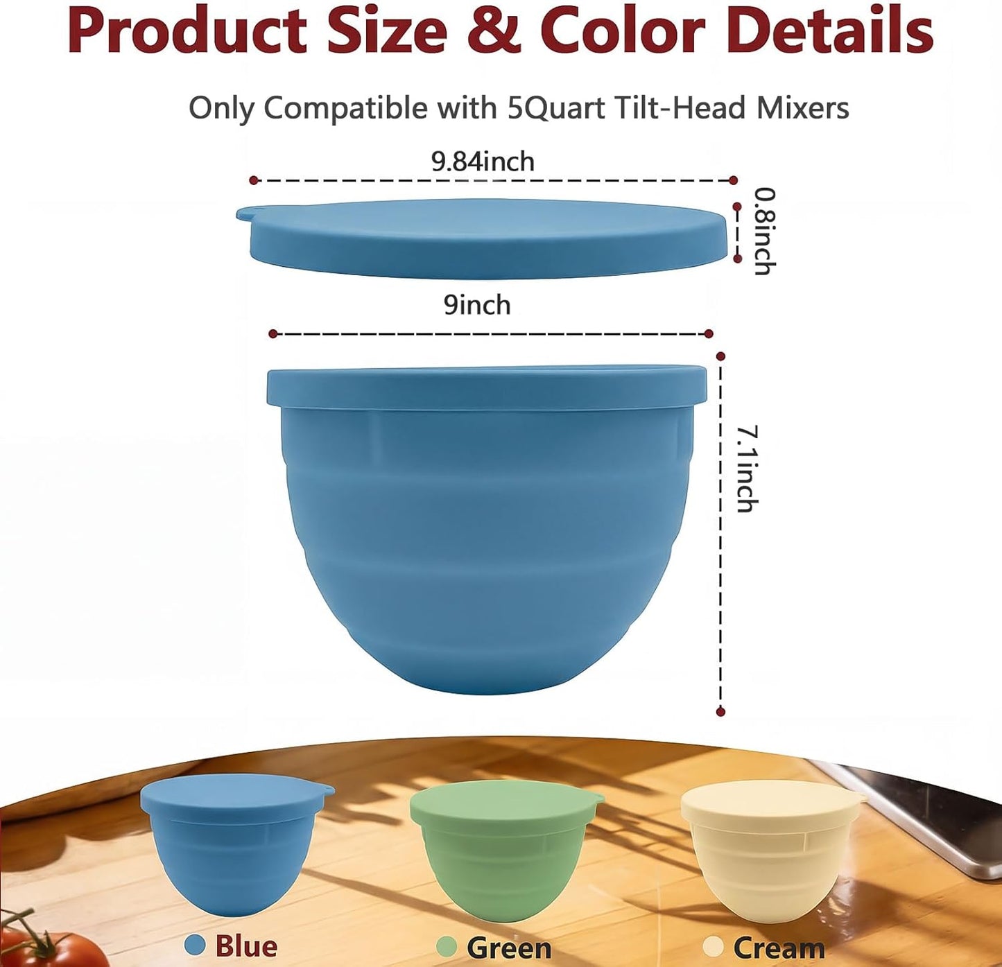 3 Pack Silicone Bowl Liners with Lids for KitchenAid 5QT Tilt Head Mixer, Collapsible Food-Grade Bowl Inserts, Thick Heat/Cold Resistant Silicone Mixing Bowl Liners