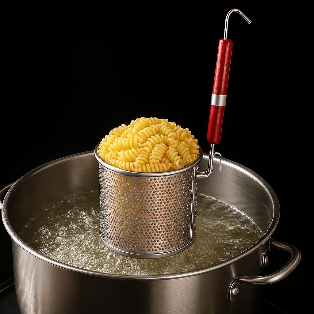 Mesh Pasta Basket Food Strainer Insert For Pot, Colander with Round Wooden Handle Stainless Steel Mesh Spider Strainer for Pasta Noodles Dumpling Vegetable