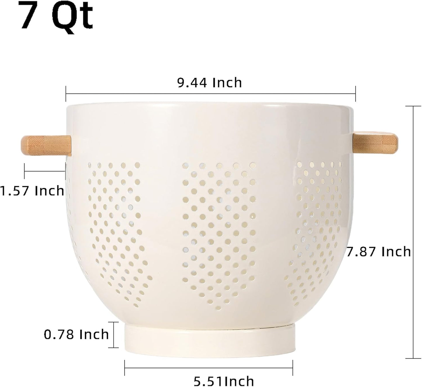 Metal Colander with Wood Handle and Stable Base, 5.5 Quart Powder Coated Steel Kitchen Strainer Basket for Draining Pasta, Vegetable and fruit,Cream