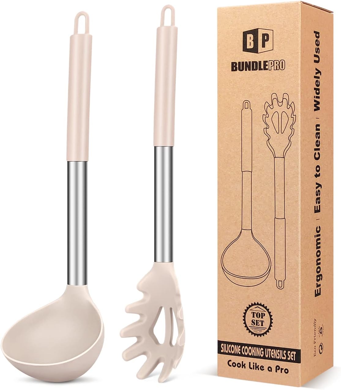 Silicone Pasta Fork and Ladle Spoon Set, Large Non Stick Kitchen Utensils for Cooking,Stirring,Serving Spaghetti, Soup, Sauce (GRAY)