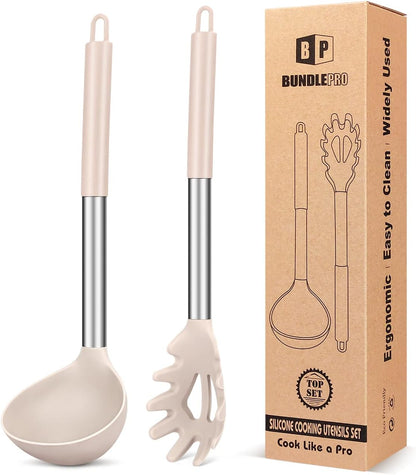 Silicone Pasta Fork and Ladle Spoon Set, Large Non Stick Kitchen Utensils for Cooking,Stirring,Serving Spaghetti, Soup, Sauce (GRAY)