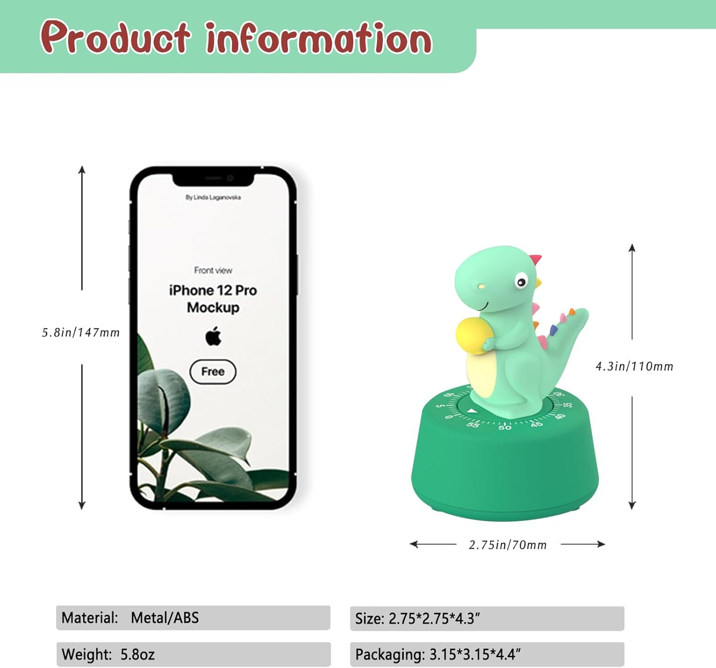 ELE DEPI 60 Minutes Mechanical Kitchen Timer,Cute Dinosaur Timer for Kids,Wind Up Egg Timer for Cooking,Reading,Classroom and Do Sports. (Dark Green)