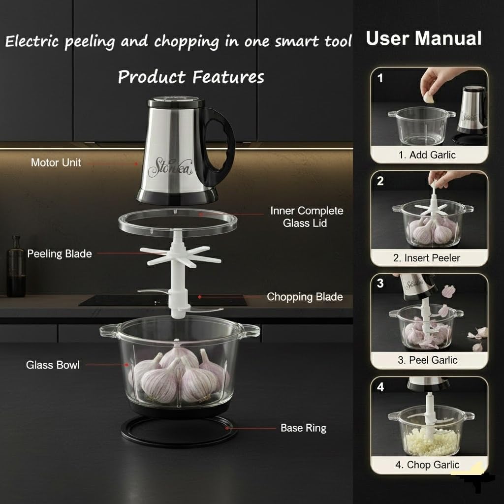 Electric Garlic Peeler & Chopper 300W – Automatic Garlic Peeler Machine with 2L Jar & Dual Blades, Electric Garlic Mincer, Vegetable Chopper & Silicone Garlic Peeler Skin Remover Tool