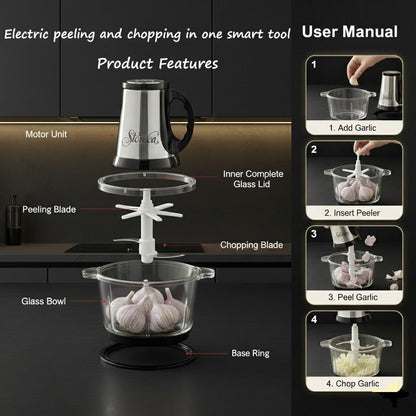 Electric Garlic Peeler & Chopper 300W – Automatic Garlic Peeler Machine with 2L Jar & Dual Blades, Electric Garlic Mincer, Vegetable Chopper & Silicone Garlic Peeler Skin Remover Tool