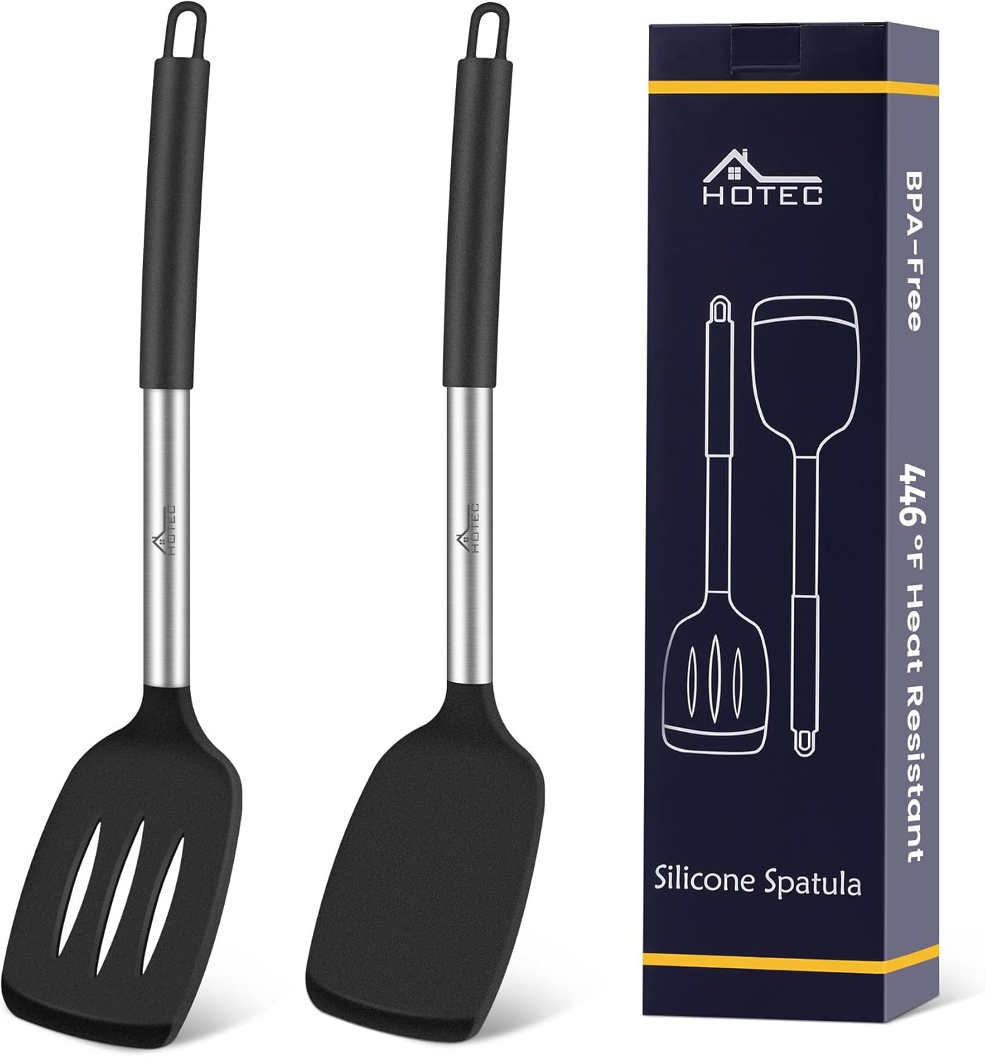 HOTEC Silicone Spatula Set of 2, High Heat-Resistant & BPA-Free Kitchen SaptulaTurner with Stainless Steel Handles, Slotted & Solid Spatulas for Nonstick Cookware, 13.7 Inch, Black