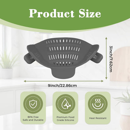 Clip-On Silicone Strainer for Pots, Heat-Resistant Handsfree Pasta & Vegetable Colander, Space-Saving Kitchen Gadget for Noodles, Veggies & Berries (Grey)