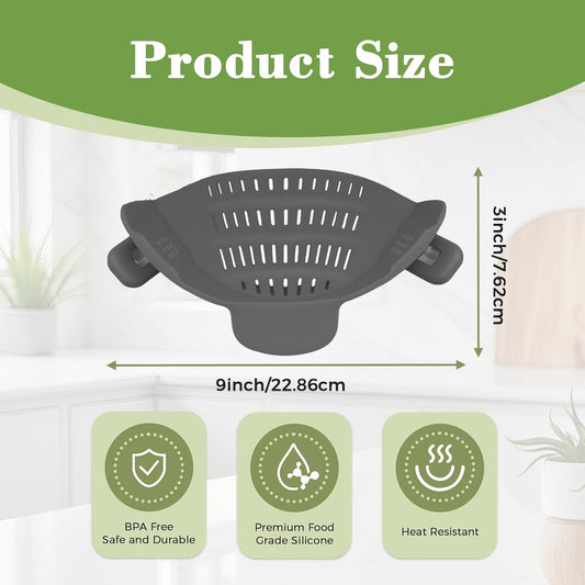 Clip-On Silicone Strainer for Pots, Heat-Resistant Handsfree Pasta & Vegetable Colander, Space-Saving Kitchen Gadget for Noodles, Veggies & Berries (Grey)