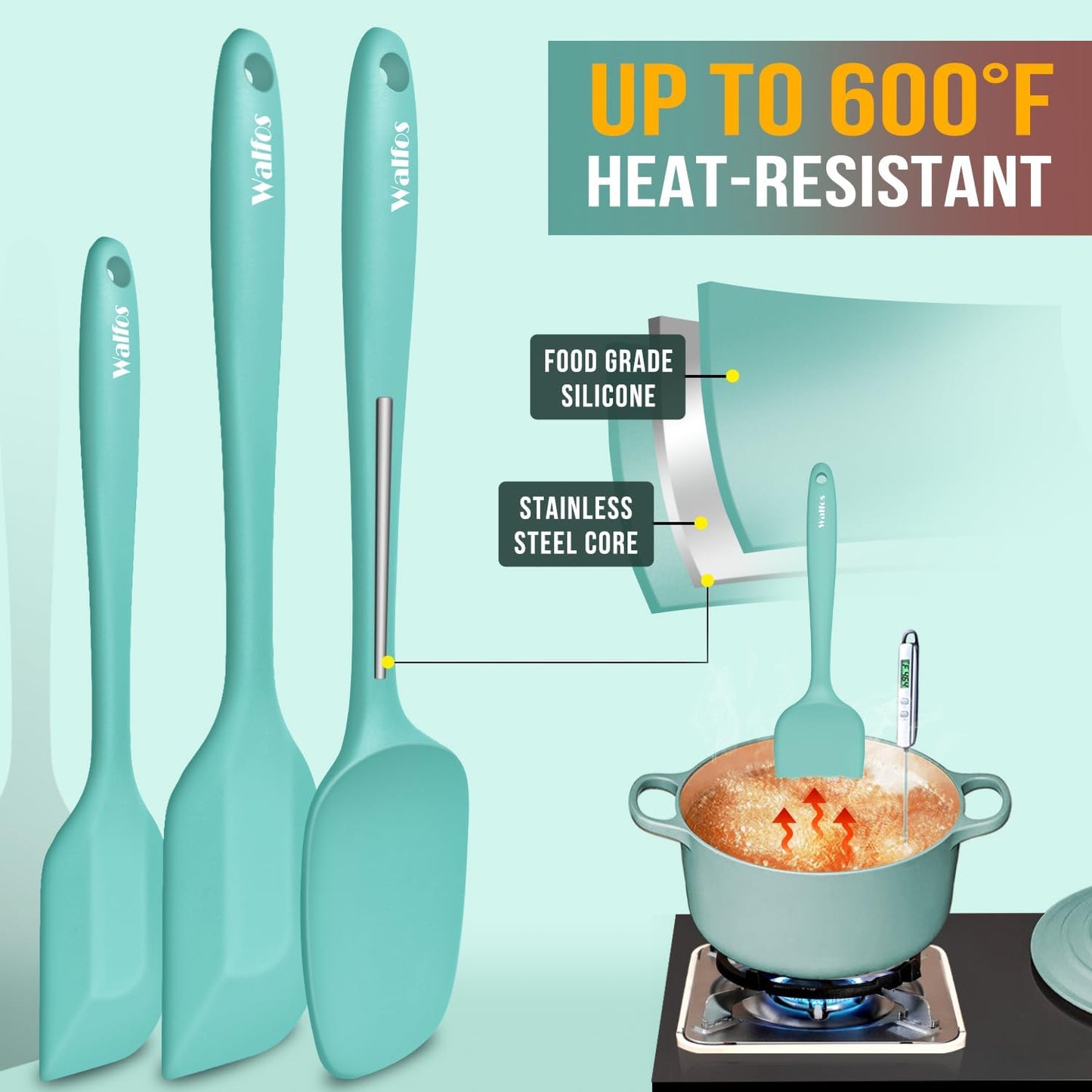 Walfos Silicone Spatula Set of 5 - (600°F) High Heat Resistant Kitchen Scraper Spatulas, One-Pieces Seamless Design, Perfect for Cooking Mixing & Baking - BPA Free and Dishwasher Safe,black
