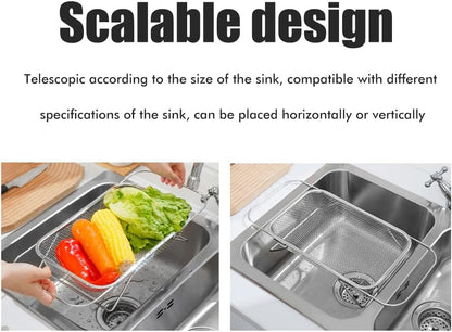 Over The Sink Colander, Expandable Fine Mesh Stainless Steel Strainers and Colanders, Stainless Steel Oval Colander with Grip Handle, Steel Colander for Strain, Drain, Rinse, for Draining Pasta