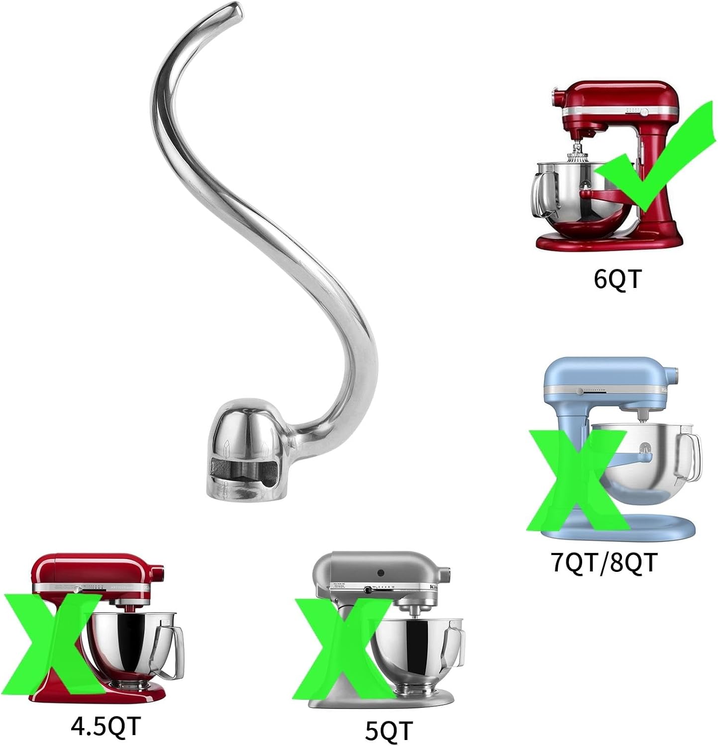 Stainless Steel 3 Piece kit Attachments，Dough Hook 6 Wire Whisk Flat Beater Compatible with KitchenAid 5 Plus -6QT Mixer，Bowl Lift Stand Mixer Accessory，Rust Resistant，Dishwasher Safe