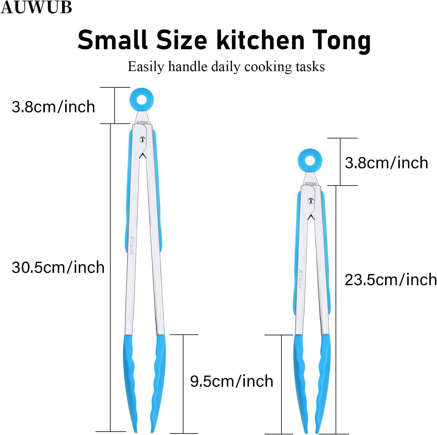 9+12 Inch Blue Salad Tongs 2-Piece Set, Silicone with 304 Stainless Steel Core & Non-Slip Grip, Kitchen Utensils for Grilling Salad