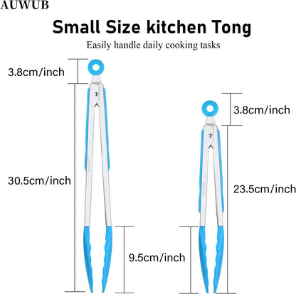 9+12 Inch Blue Salad Tongs 2-Piece Set, Silicone with 304 Stainless Steel Core & Non-Slip Grip, Kitchen Utensils for Grilling Salad