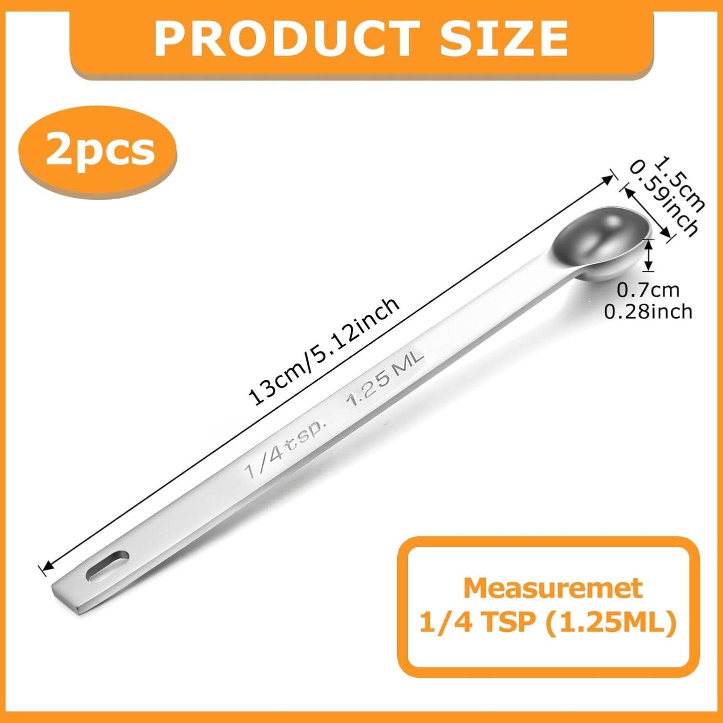 Tyqour 2PCS 1/4 Teaspoon Measuring Spoon Small Mini Stainless Steel Long Handle Measuring Spoons (1/4 Tsp | 1.25 Ml | 1.25 Cc) Teaspoons Measuring Spoon Measuring Teaspoons
