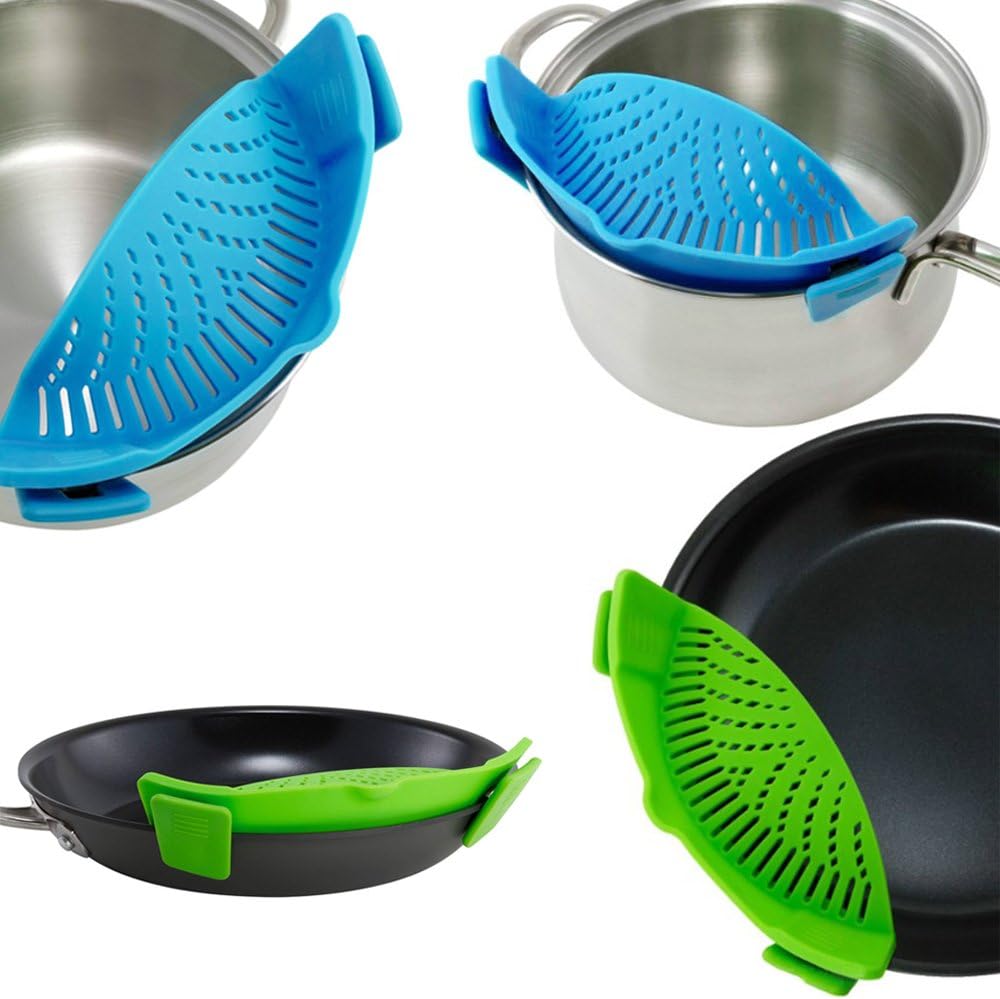 Snap Strainer, DaKuan 2 Packs of Hands-free Clip-on Heat Resistant Colander Pour Spout for Pasta Vegetable Noodles Pot bowl Pan